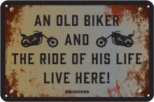 Plechová cedule THE RIDE OF HIS LIFE LIVE HERE, OXFORD (imitace rez/černá, rozměr 30 x 20 cm)
