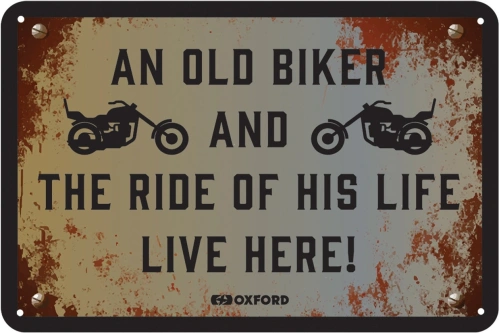 Plechová cedule THE RIDE OF HIS LIFE LIVE HERE, OXFORD (imitace rez/černá, rozměr 30 x 20 cm)