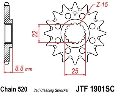 Řetězové kolečko JT JTF 1901-15SC 15 zubů, 520 Samočistící, Nízká hmotnost JTF1901.15SC 726.47.81