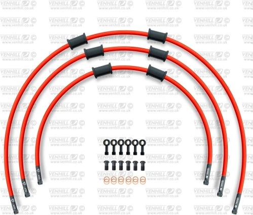 STANDARD Hadice přední brzdy sada Venhill POWERHOSEPLUS HON-7009FB-RD (3 hadice v sadě) červené hadice, černé koncovky VHON-7009FB-RD