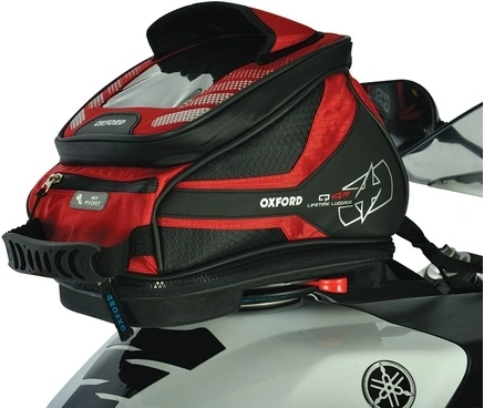 Tankbag na motocykl Q4R QR, OXFORD (černý/červený, s rychloupínacím systémem na víčka nádrže, objem 4 l)