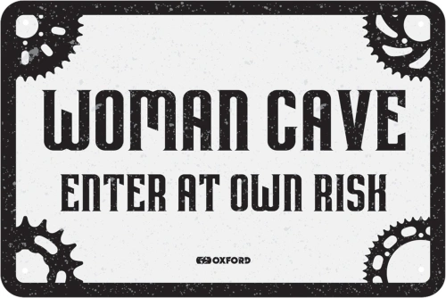 Plechová cedule WOMAN CAVE, OXFORD (černá/bílá, rozměr 30 x 20 cm)