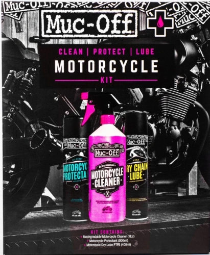 Sada Muc-Off Motorcycle Clean Protect and Lube Kit určená pro mytí a konzervaci motocyklu