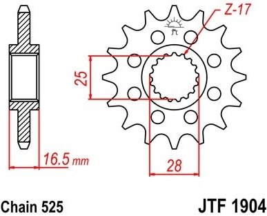 Řetězové kolečko JT JTF 1904-16RB 16 zubů, 525 pogumované JTF1904.16RB 726.04.74